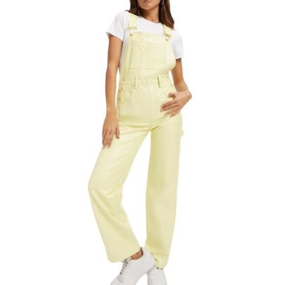NWT Good American Faux Leather Straight Leg Overalls Key lime color Size 8 - Picture 7 of 10